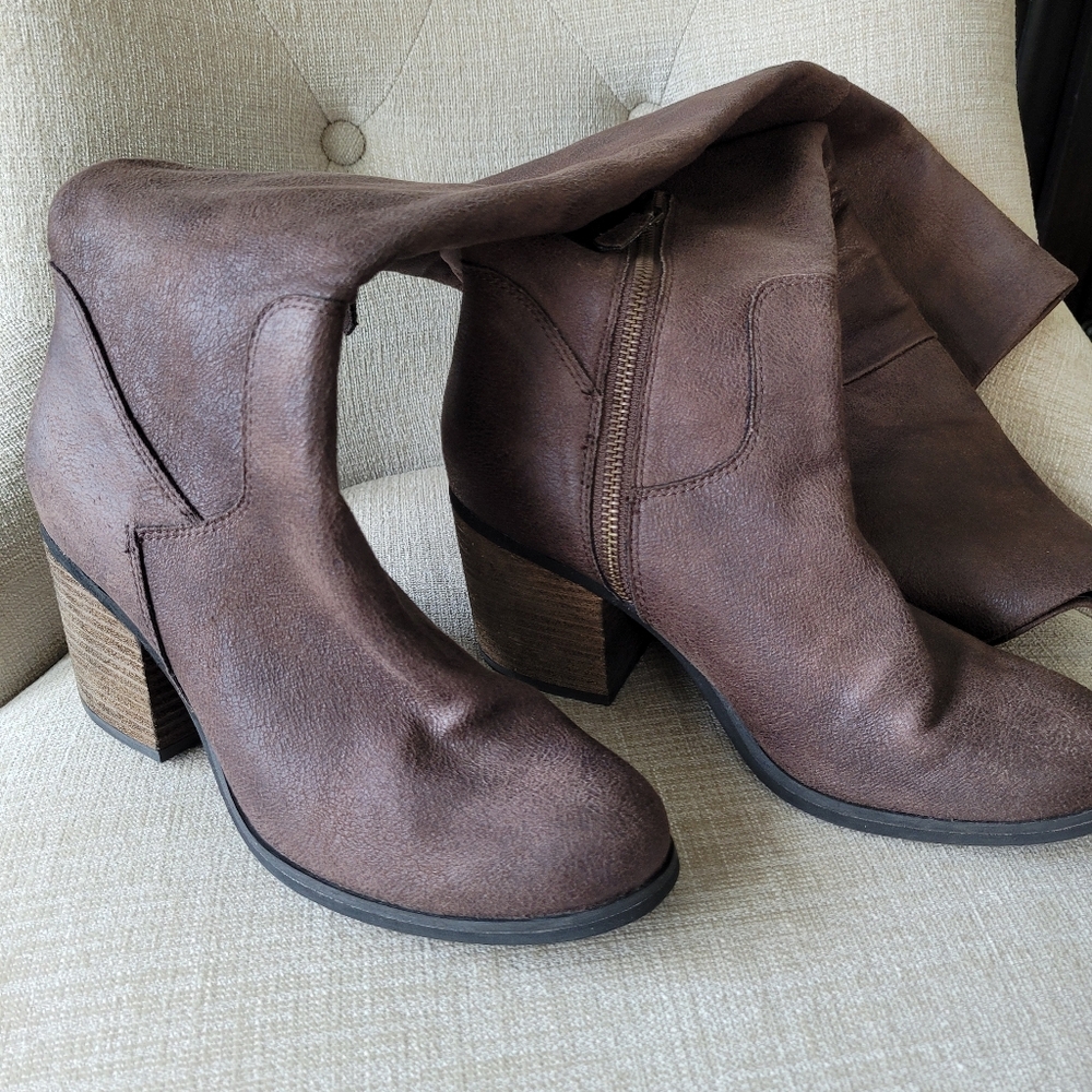 Hinge Boots Canton Brown Over The Knee Distressed 3" Chunky Block Heel S… - Picture 7 of 11